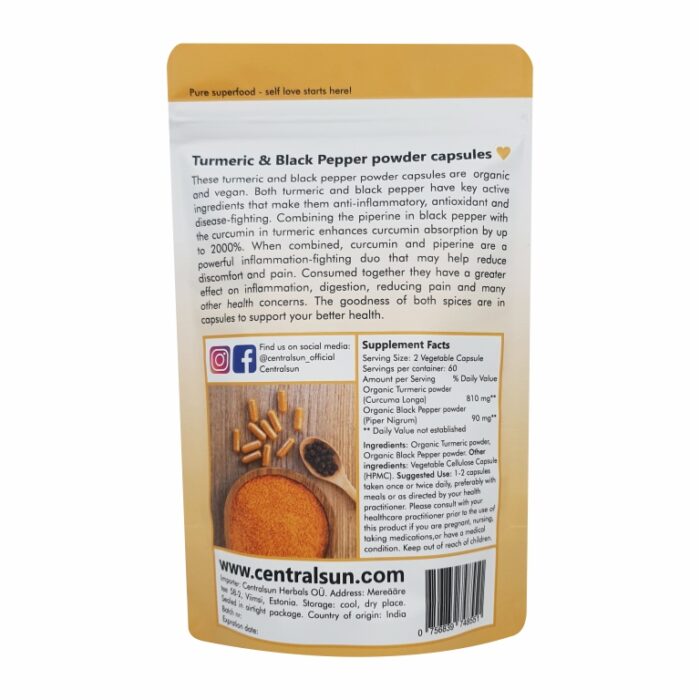 Turmeric black pepper powder capsules centralsun