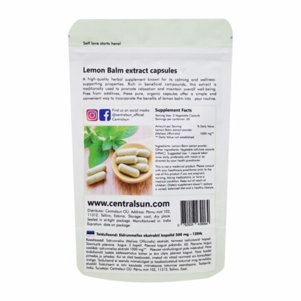 Sitruunamelissa (Melissa officinalis) -uutekapselit 500 mg – 120 kpl | Centralsun back