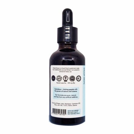 Närbild av etiketten på Centralsun Shilajit Mumio droppar