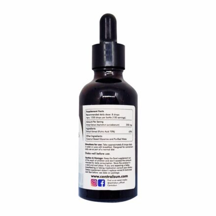 Baksidan av Centralsun Shilajit Mumio droppar med produktinformation och ingredienser