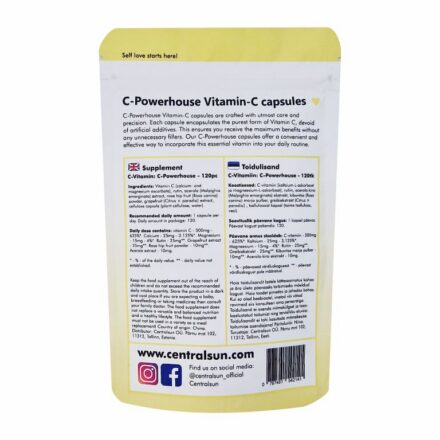 C-vitamiini kapslid 500mg – 120 tk Centralsun paki tagakülg