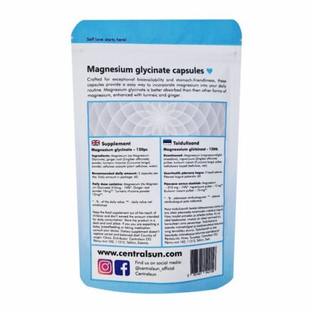 Magneesiumglütsinaadi kapslid 500mg – 120 tk Centralsun - paki tagakülg