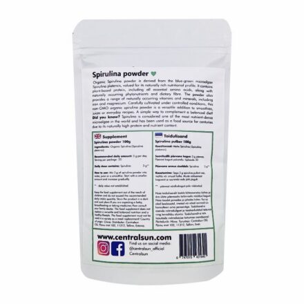 Mahe Spirulina pulber Centralsun paki tagakülg
