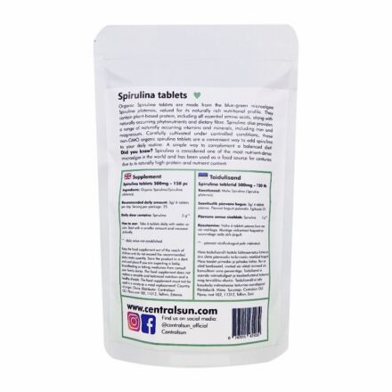 Mahe Spirulina tabletid Centralsun paki tagakülg