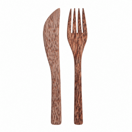 Coconut wood knife and fork, natural brown, set of 1+1